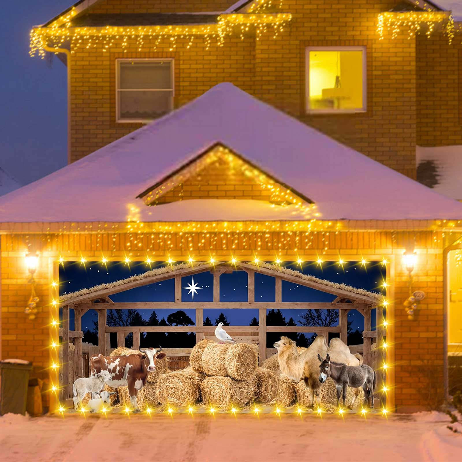 Wadada Country Farmhouse Christmas Nativity Backdrop Old Barn Manger Nativity Backdrop Straw Bales Haystack Nativity Backdrop Scene Sheep Donkey Xmas Backdrop for Party Nativity Decor Banner 16x7Ft